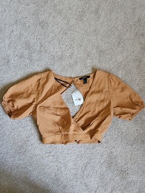 Forever 21 Tan/Mustard Wrap Crop Top with Puff Sleeves